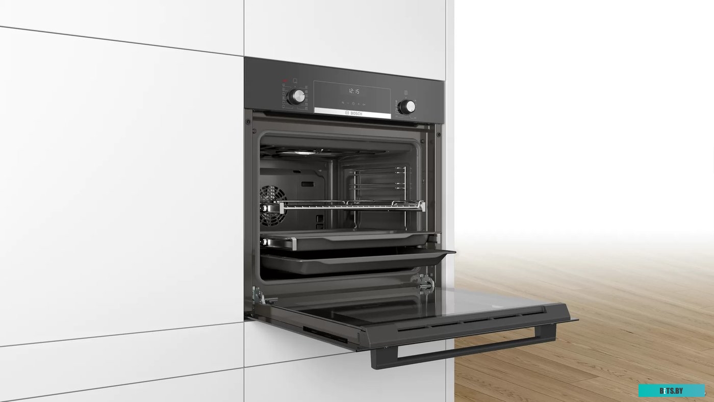 HIJ517YB0R Serie 6, Духовой шкаф с паровой чашей, черный, 8 режимов, 2-х слойное остекление, цифровый дисплей, утапливаемые переключатели, галогенное 