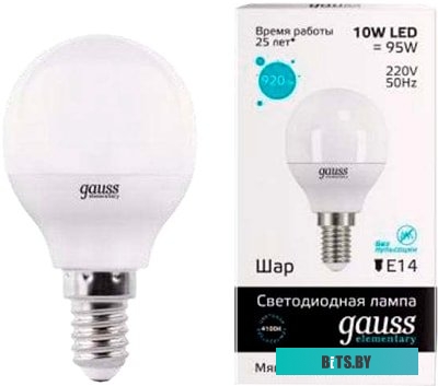 53120 Лампа светодиодная Gauss Elementary 10Вт цок.:E14 шар 220B 4100K св.свеч.бел.нейт. (упак.:10шт) (53120)