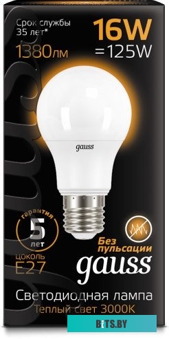 102502316 Лампа светодиодная Gauss 102502316 16Вт цок.:E27 груша 150B 6500K св.свеч.бел.хол. A60 (упак.:1шт)