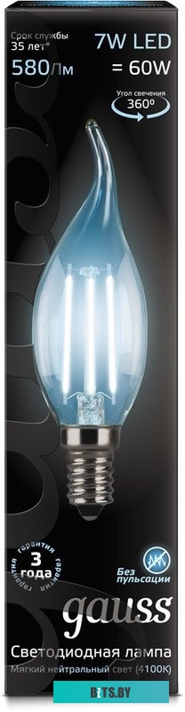 104801207 Лампа филам. Gauss Filament 7Вт цок.:E14 свеча 220B 4100K св.свеч.бел.нейт. CF35 (упак.:1шт) (104801207)