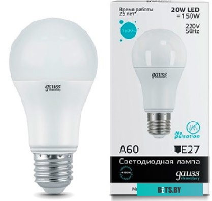 23229 Лампа светодиодная Gauss Elementary 20Вт цок.:E27 груша 220B 4100K св.свеч.бел.нейт. A60 (упак.:10шт) (23229)