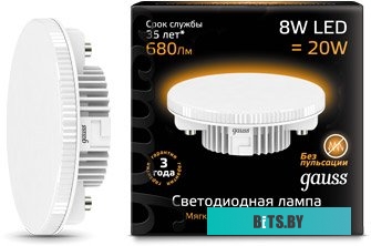 108008308 Лампа светодиодная Gauss 108008308 8Вт цок.:GX53 таблетка 150B 6500K св.свеч.бел.хол. GX53 (упак.:1шт)