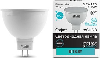 13524 Лампа светодиодная Gauss Elementary MR16 3.5Вт цок.:GU5.3 спот 220B 4100K св.свеч.бел.нейт. MR16 (упак.:10шт) (13524)
