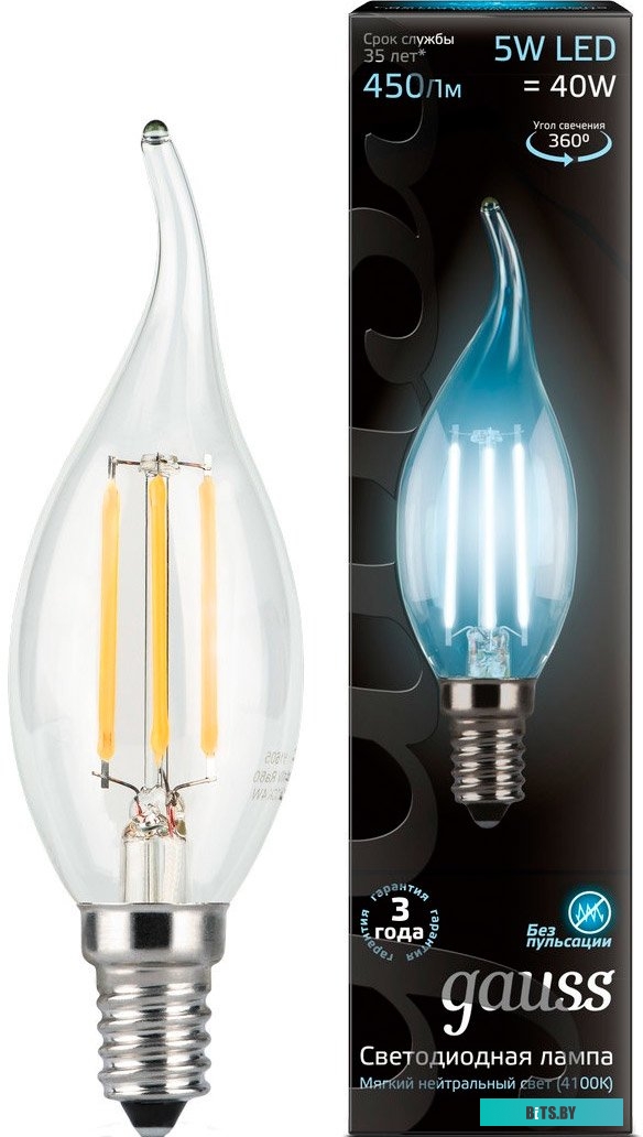 104801805 Лампа филам. Gauss Filament 5Вт цок.:E14 свеча 220B 4100K св.свеч.бел.нейт. (упак.:1шт) (104801805)