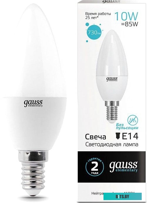 33120 Лампа светодиодная Gauss Elementary 10Вт цок.:E14 свеча 220B 4100K св.свеч.бел.нейт. C37 (упак.:10шт) (33120)