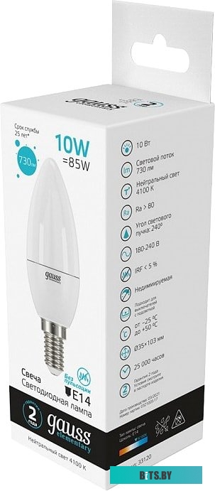 33120 Лампа светодиодная Gauss Elementary 10Вт цок.:E14 свеча 220B 4100K св.свеч.бел.нейт. C37 (упак.:10шт) (33120)