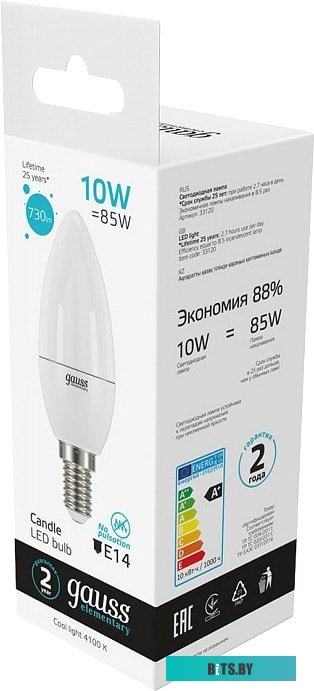33120 Лампа светодиодная Gauss Elementary 10Вт цок.:E14 свеча 220B 4100K св.свеч.бел.нейт. C37 (упак.:10шт) (33120)