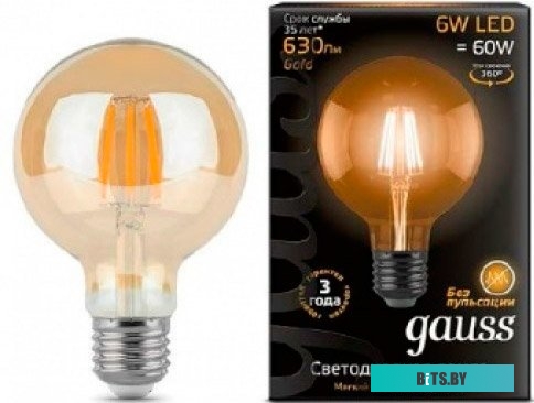 105802006 Лампа светодиодная Gauss Filament G95 6Вт цок.:E27 шар 220B 2400K св.свеч.бел.теп. (упак.:1шт) (105802006)