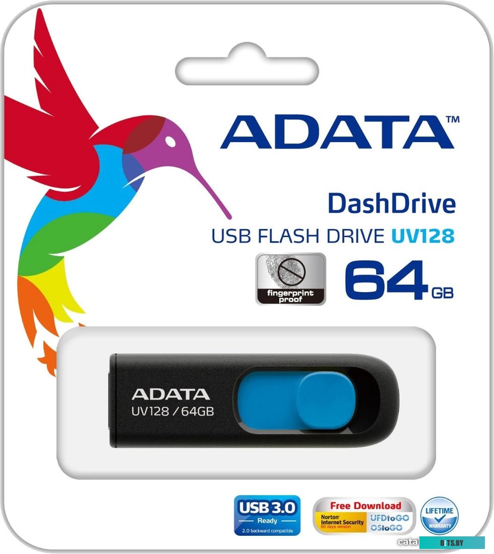 USB накопитель (Флешка) ADATA DashDrive UV128 64GB (черный/синий) <AUV128-64G-RBE>