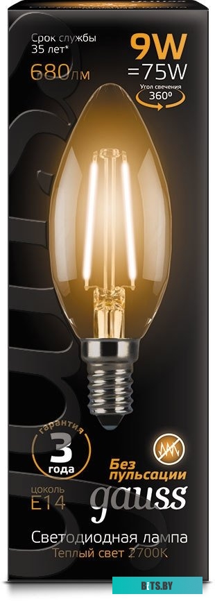 103201109-D Лампа светодиодная Gauss Filament 103201109-D 9Вт цок.:E14 свеча 220B 3000K св.свеч.бел.теп. (упак.:10шт)