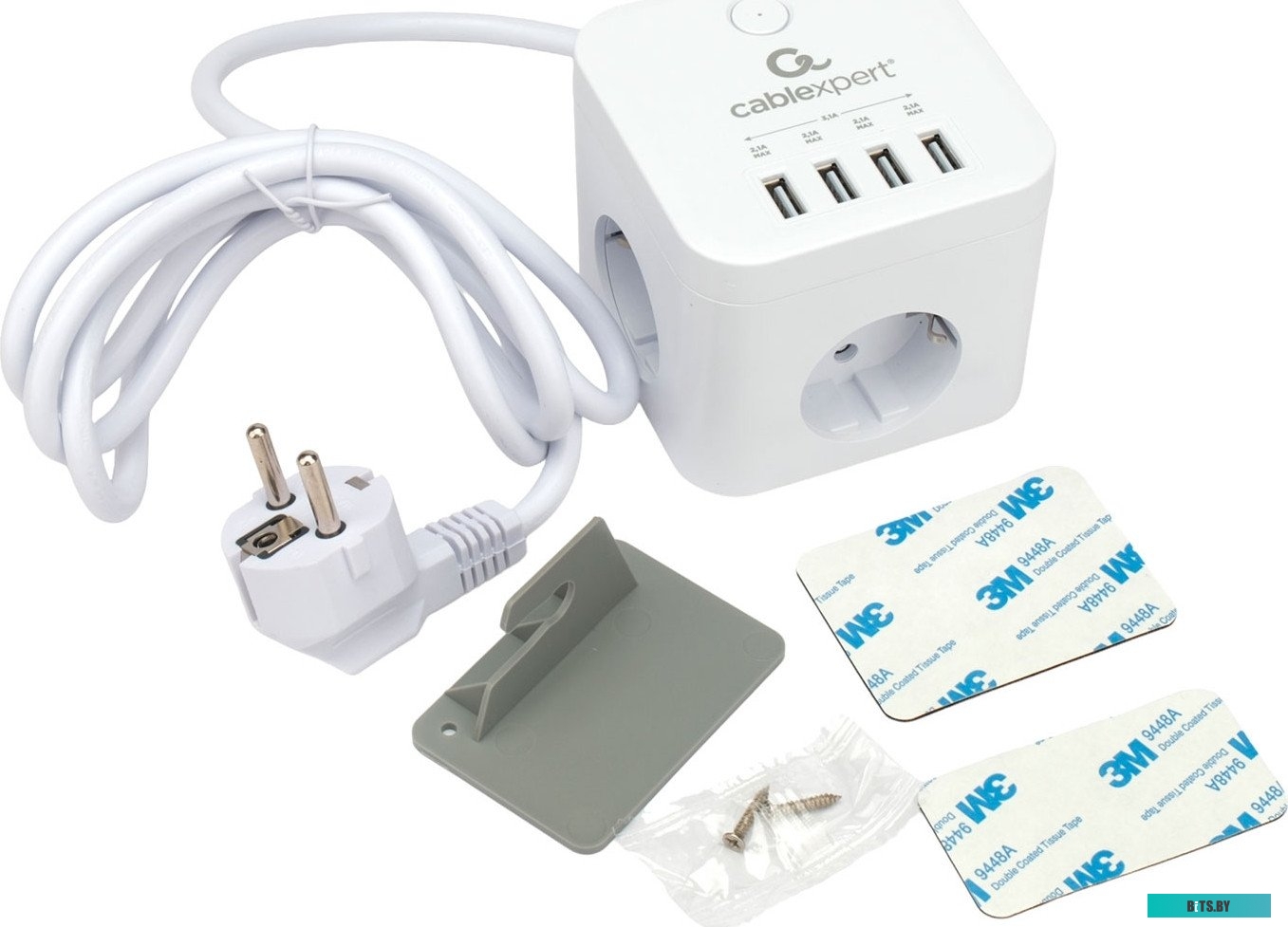 CUBE-3-U4-W-1.5 Сетевой фильтр CUBE-3-U4-W-1.5 Cablexpert CUBE, 3 розетки с заземлением и защитными шторками, 10А, 4хUSB (2.1 А), 1.5m, ур.защиты 4+, 