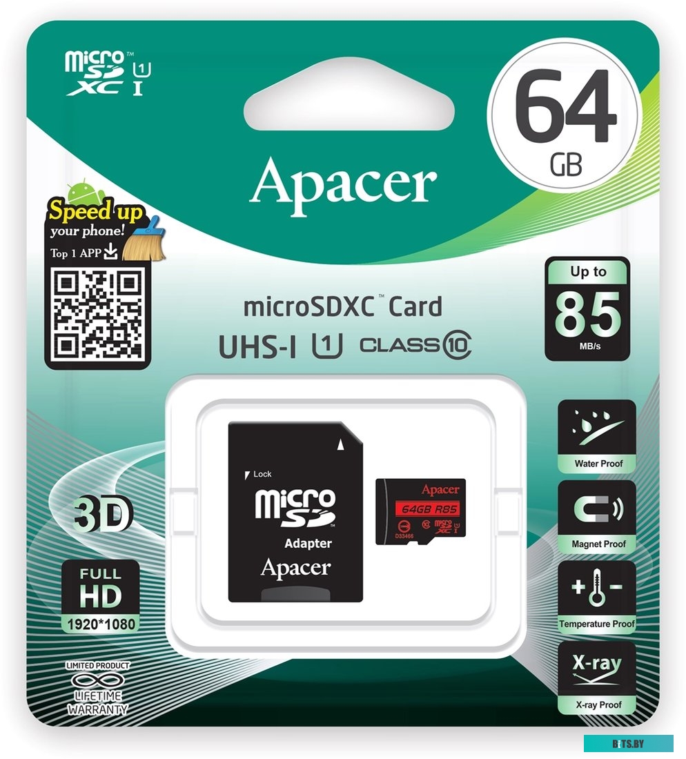 Карта памяти Apacer microSDXC AP64GMCSX10U5-R 64GB (с адаптером)
