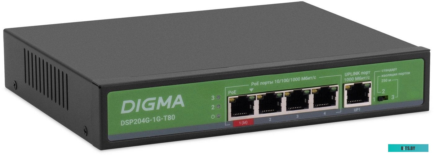 DSP204G-1G-T80 Коммутатор Digma DSP204G-1G-T80 (L2) 5x1Гбит/с 4PoE 4PoE+ 1PoE++ 80W неуправляемый