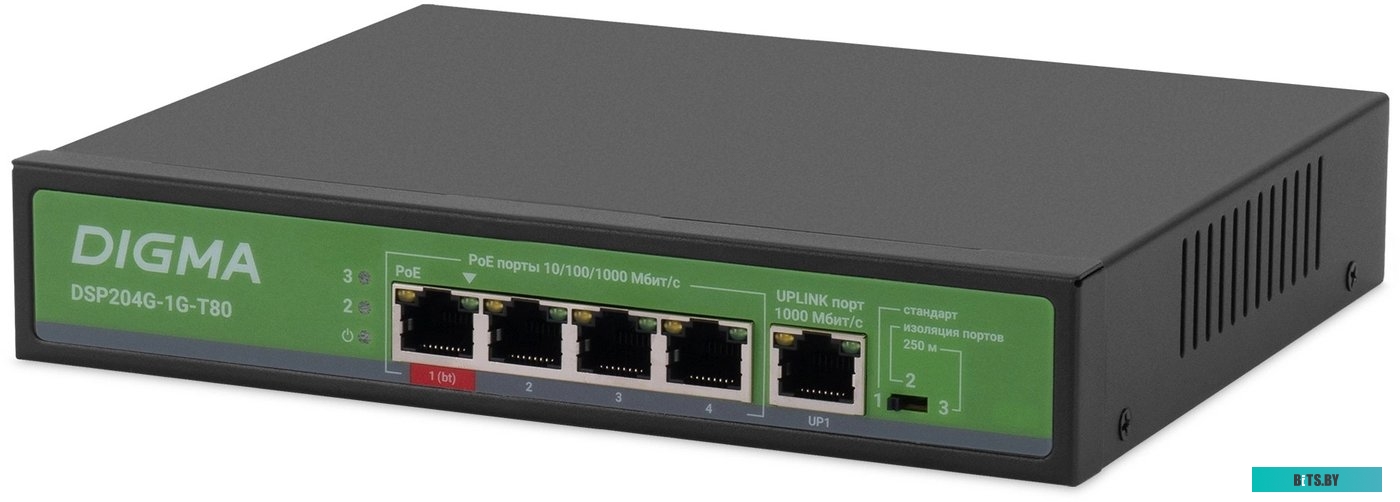 DSP204G-1G-T80 Коммутатор Digma DSP204G-1G-T80 (L2) 5x1Гбит/с 4PoE 4PoE+ 1PoE++ 80W неуправляемый