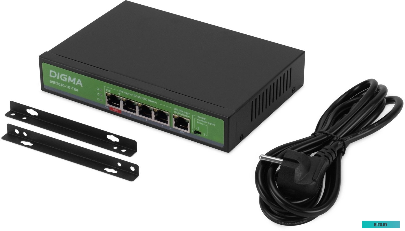 DSP204G-1G-T80 Коммутатор Digma DSP204G-1G-T80 (L2) 5x1Гбит/с 4PoE 4PoE+ 1PoE++ 80W неуправляемый