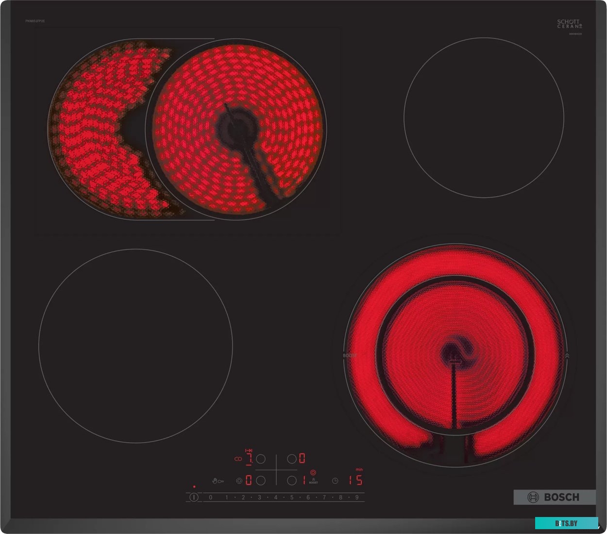 PKN651FP2E Serie 6, электрическая варочная поверхность, стеклокерамика, черная, ширина 60 см, скос с трех сторон, 4 конфорки, 1 конфорка с круглой зон