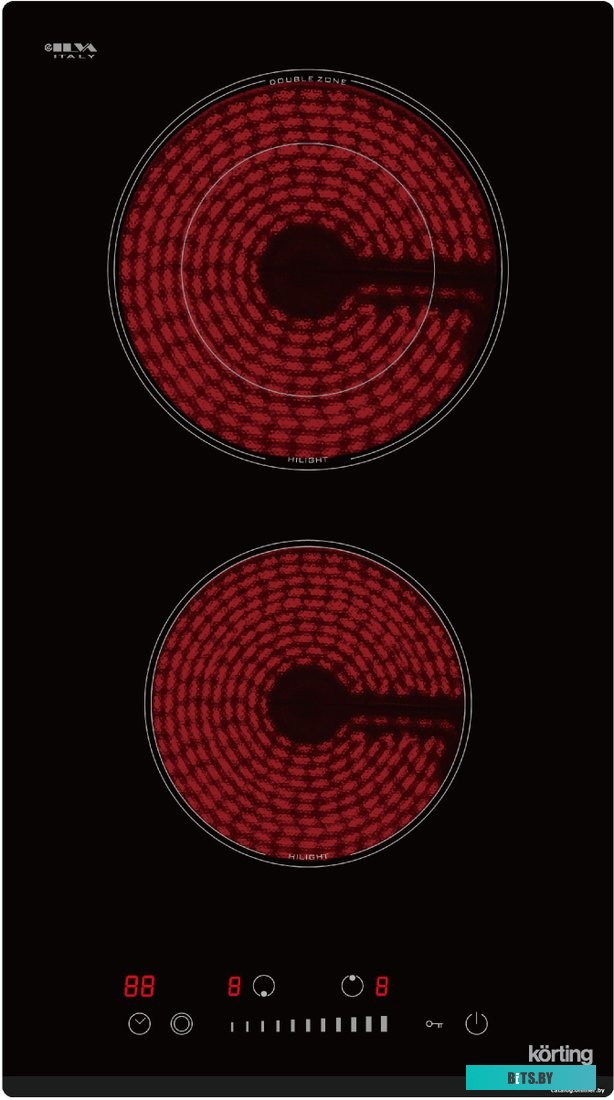 HK 32024 B Электрическая варочная панель Korting/ Электрическая варочная панель Korting, скошенный край, HiLight, 2 конфорки, 9 уровней мощности, сенс