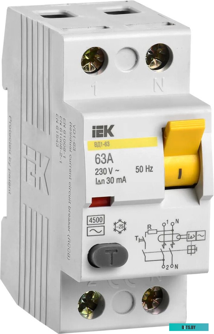 Выключатель дифференциального тока IEK MDV10-2-063-030, 63А, 30мА, 2П, 230В