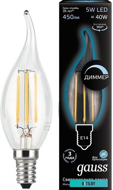 104801205-D Лампа филаментная GAUSS E14,  свеча, 5Вт, одна шт. [104801205-d]