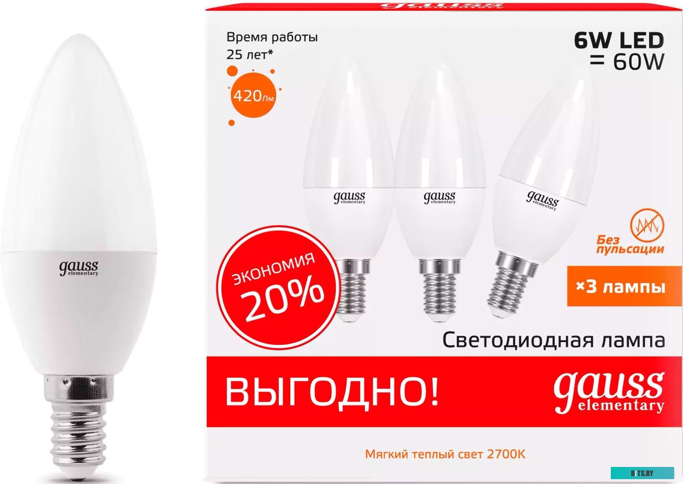 33116T Лампа светодиодная Gauss Elementary 33116T 6Вт цок.:E14 свеча 180B 3000K св.свеч.бел.теп. (упак.:3шт)