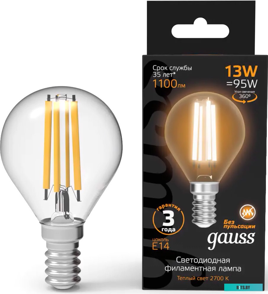 105801211 Лампа филам. Gauss Filament 11Вт цок.:E14 шар 220B 4100K св.свеч.бел.нейт. (упак.:10шт) (105801211)