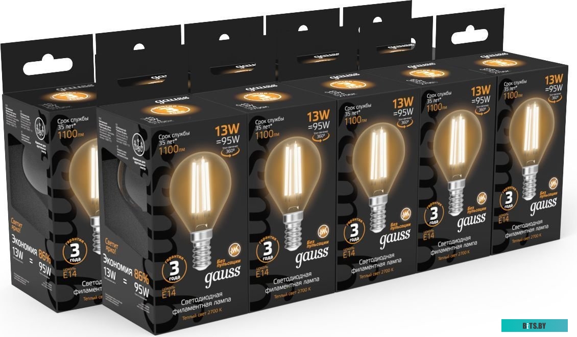 105801211 Лампа филам. Gauss Filament 11Вт цок.:E14 шар 220B 4100K св.свеч.бел.нейт. (упак.:10шт) (105801211)