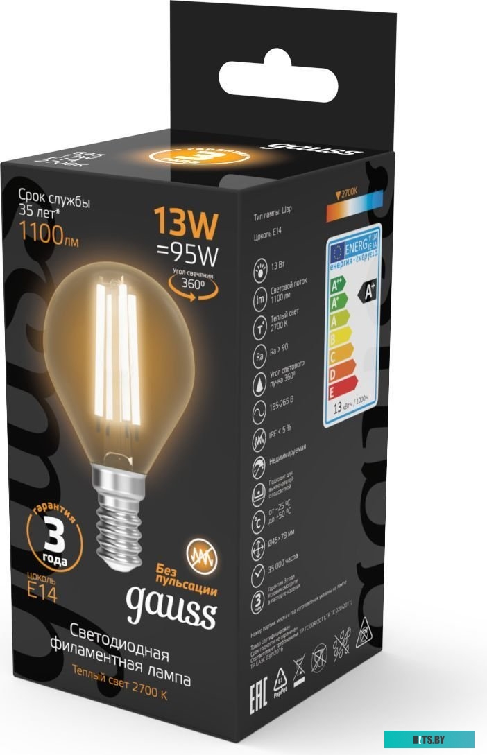 105801211 Лампа филам. Gauss Filament 11Вт цок.:E14 шар 220B 4100K св.свеч.бел.нейт. (упак.:10шт) (105801211)