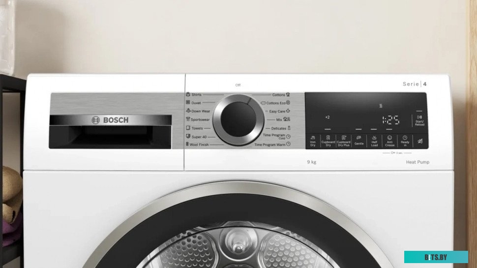 WQG1420AME Serie 4, Сушильная машина с тепловым насосом, макс.загрузка - 9кг, Класс энергоэфф-ти: A++, LED-дисплей с текстовой информацией. Основные п