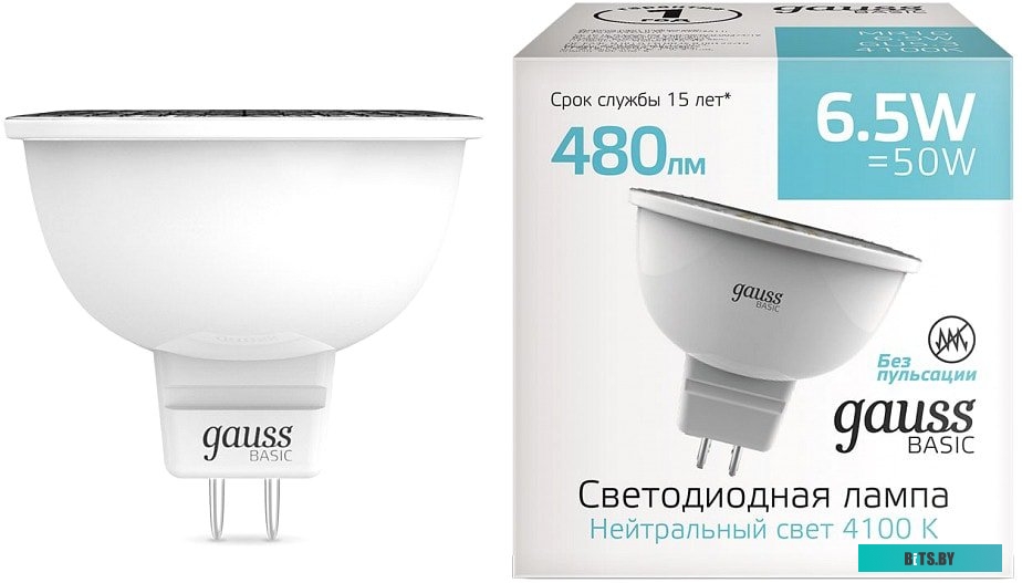 1013527 Лампа светодиодная Gauss Basic 6.5Вт цок.:GU5.3 рефлек. 220B 4100K св.свеч.бел.нейт. MR16 (упак.:1шт) (1013527)
