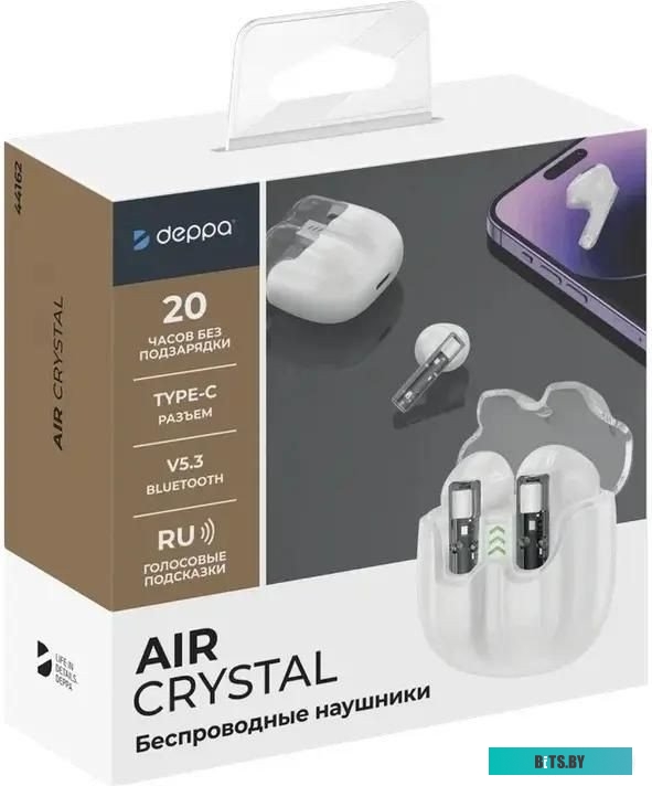 44162 Наушники Deppa Air Crystal, Bluetooth, вкладыши, белый [44162]