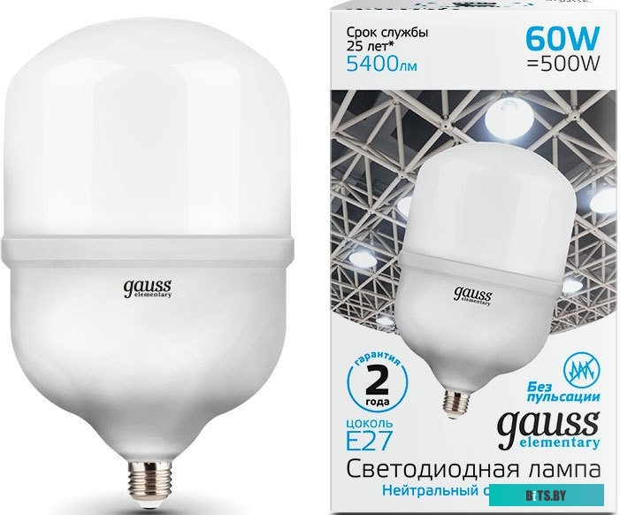 63226 Лампа светодиодная Gauss Elementary T160 60Вт цок.:E27 цилин. 220B 4000K св.свеч.бел.нейт. (упак.:1шт) (63226)