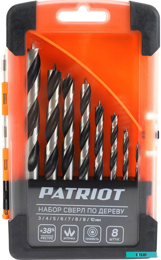 815010103 Набор сверл Patriot Набор сверл по дереву спиральные (815010103) по дереву (8пред.) для дрелей/перфораторов