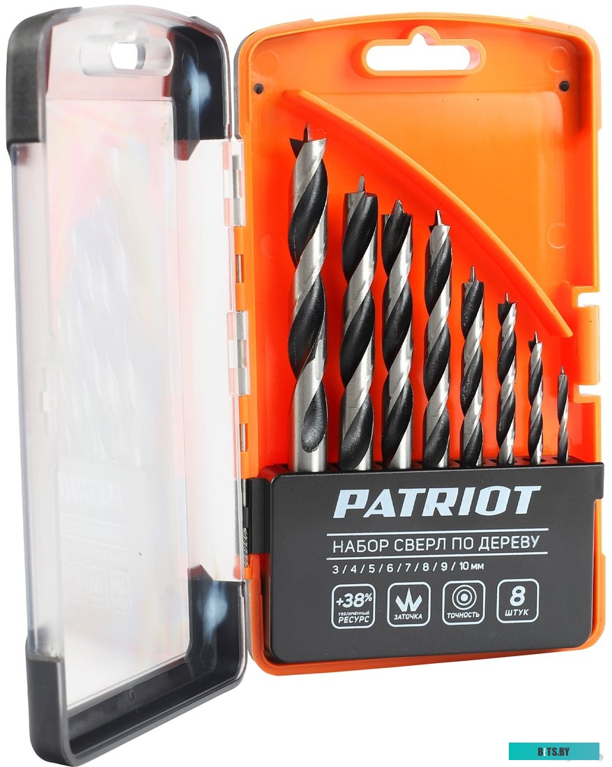 815010103 Набор сверл Patriot Набор сверл по дереву спиральные (815010103) по дереву (8пред.) для дрелей/перфораторов
