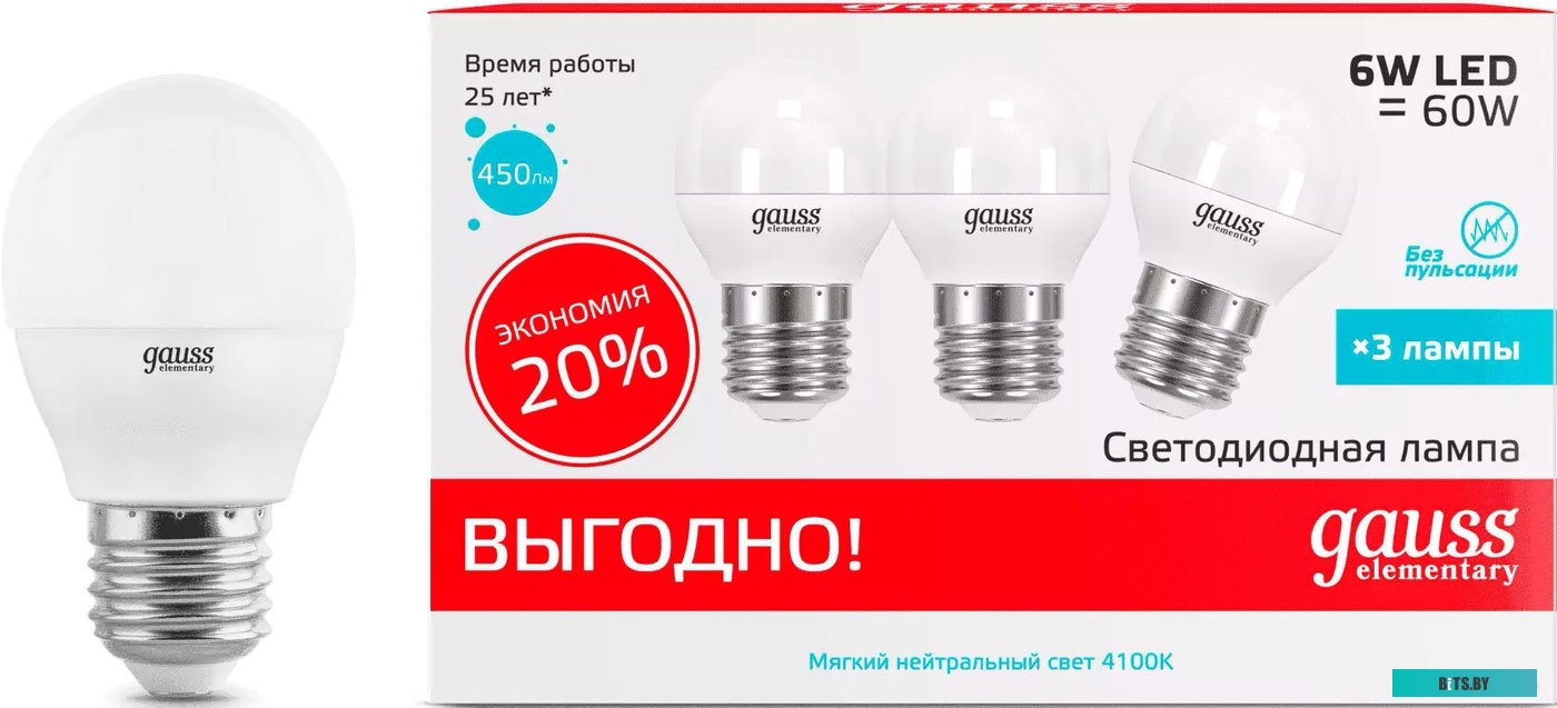 53227T Лампа светодиодная Gauss Elementary 7Вт цок.:E27 шар 220B 4100K св.свеч.бел.нейт. (упак.:3шт) (53227T)