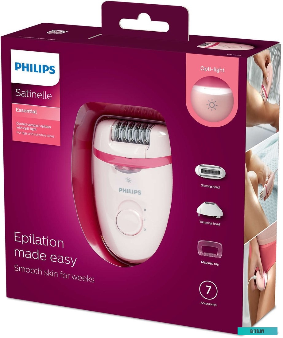 BRE285/00 Эпилятор Philips BRE285/00 скор.:2 насад.:5 от электр.сети розовый/розовый