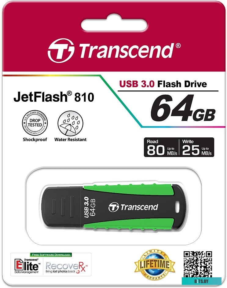 USB накопитель (Флешка) Transcend JetFlash 810 Black-Green 64GB (TS64GJF810)