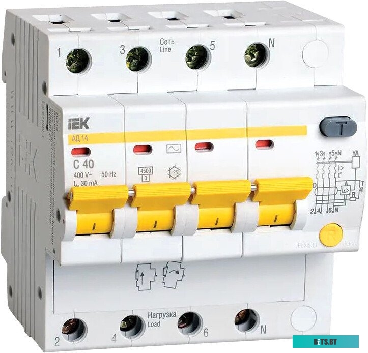 Дифференциальный автомат IEK АД14 MAD10-4-040-C-030 40А 30мА 4.5кА тип AC 4П