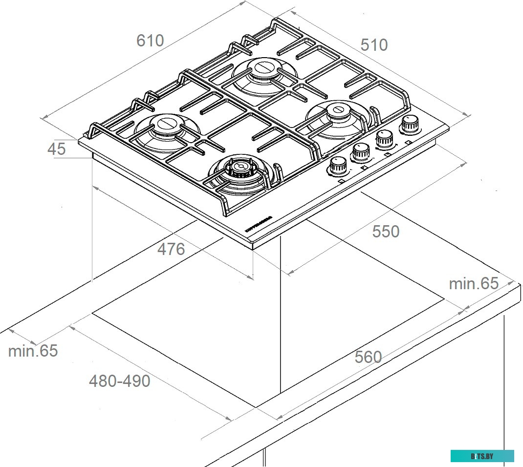 FG 63 W Встраиваемые газовые панели Kuppersberg/ Газовая  варочная поверхность стекло, ширина 60 см, 4 газовые конфорки,комфорка повышенной мощности,а