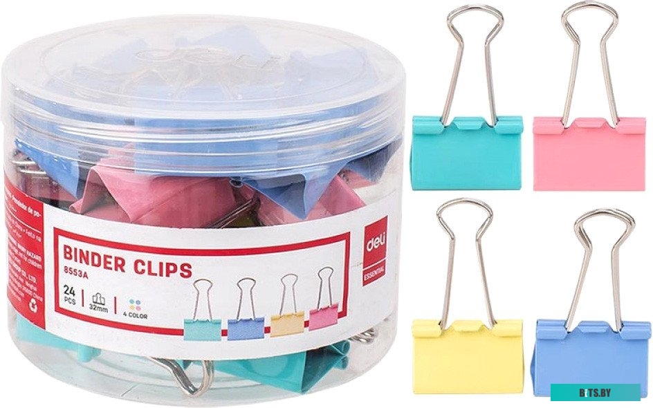 E8553S Зажимы Deli E8553S металл 32мм ассорти (упак.:24шт) пластиковая туба