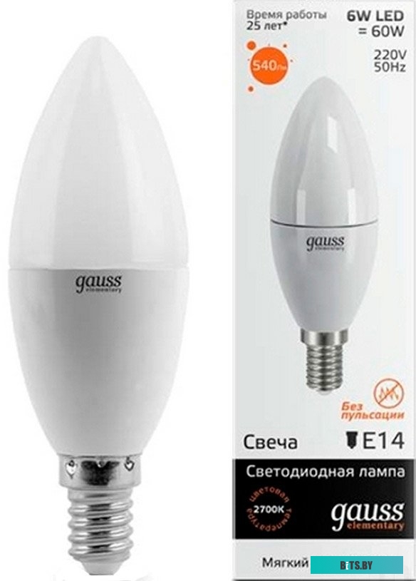 33116 Лампа светодиодная Gauss Elementary 6Вт цок.:E14 свеча 220B 3000K св.свеч.бел.теп. C37 (упак.:10шт) (33116)
