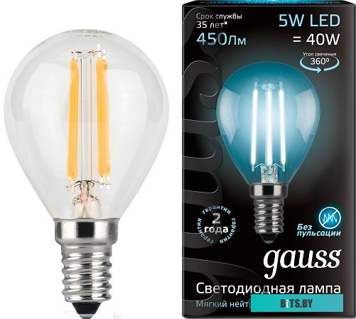 105801205 Лампа филам. Gauss Filament 5Вт цок.:E14 свеча 220B 4100K св.свеч.бел.нейт. (упак.:1шт) (105801205)