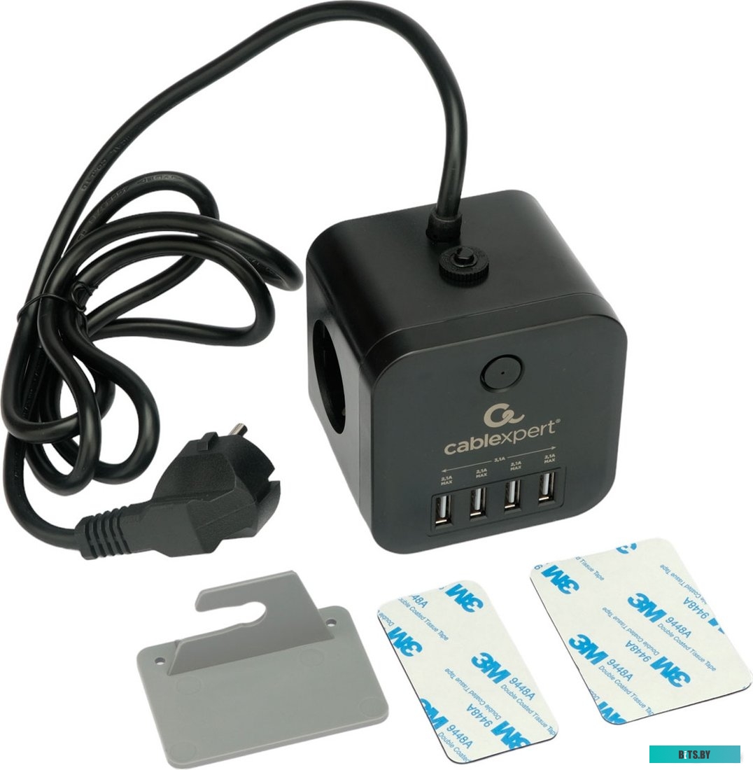 CUBE-3-U4-B-1.5 Сетевой фильтр CUBE-3-U4-B-1.5 Cablexpert 3роз, 10А, 4хUSB, 1.5м, ур.защиты 4+, черный, коробка