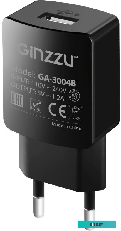 Зарядное устройство GA-3004B GINZZU USB, black, 5В/1,2A + кабель микро USB 1м с длинным коннектором
