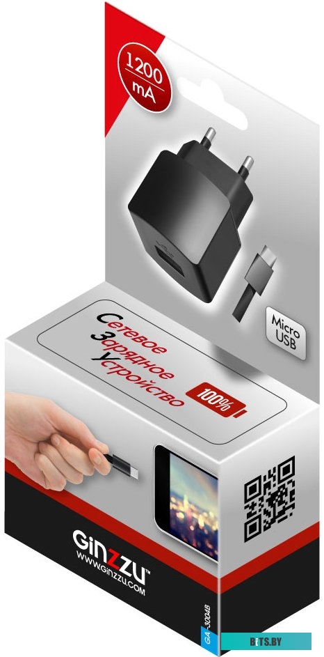 Зарядное устройство GA-3004B GINZZU USB, black, 5В/1,2A + кабель микро USB 1м с длинным коннектором