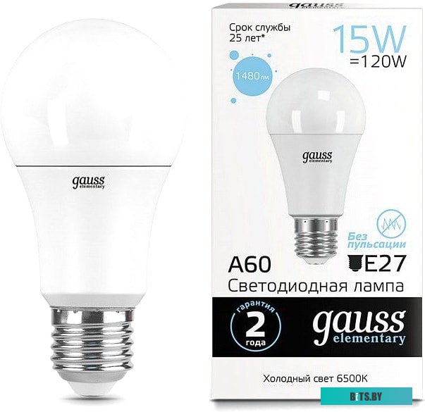 23235 Лампа светодиодная Gauss Elementary 15Вт цок.:E27 груша 220B 6500K св.свеч.бел.хол. A60 (упак.:10шт) (23235)