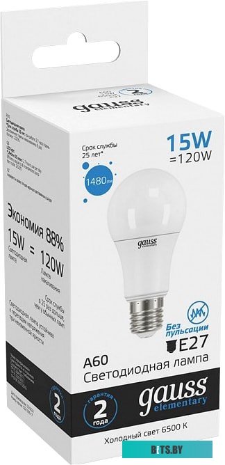 23235 Лампа светодиодная Gauss Elementary 15Вт цок.:E27 груша 220B 6500K св.свеч.бел.хол. A60 (упак.:10шт) (23235)