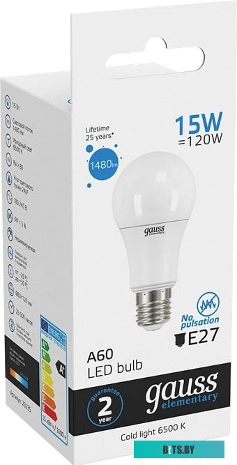 23235 Лампа светодиодная Gauss Elementary 15Вт цок.:E27 груша 220B 6500K св.свеч.бел.хол. A60 (упак.:10шт) (23235)