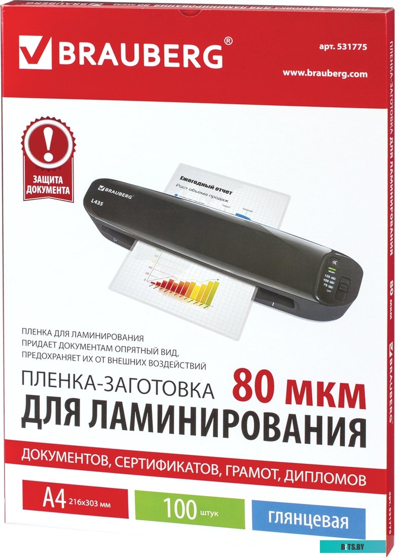 Пленка для ламинирования BRAUBERG глянцевая A4 80 мкм 100 шт 531775