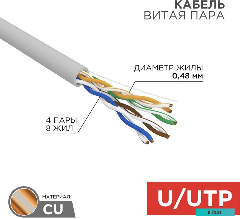 Кабель витая пара Rexant (01-0059) U/UTP, CAT 5e, ZH нг(А)-HF, 4PR, 24AWG, INDOOR, SOLID, серый, 305м LIGHT