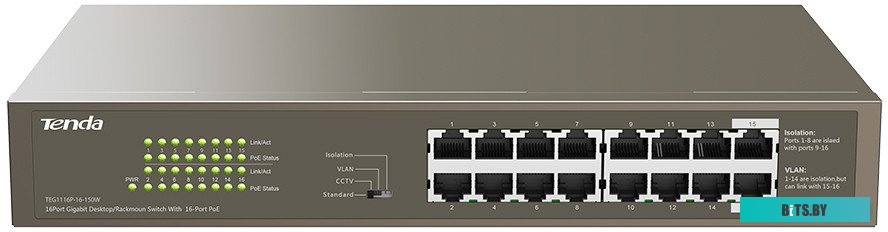 Неуправляемый коммутатор Tenda TEG1116P-16-150W